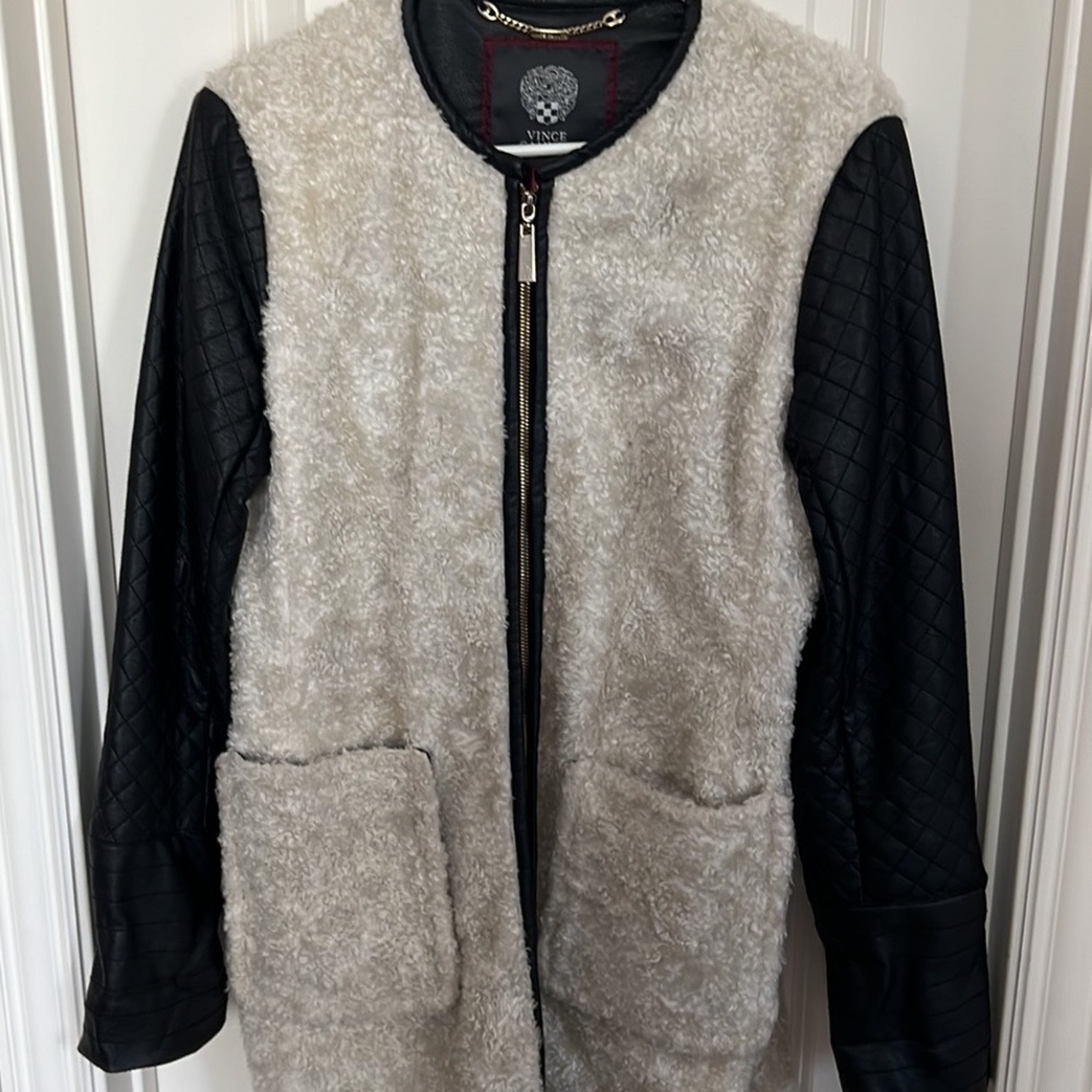 Vince Camuto shearling leather coat cream black